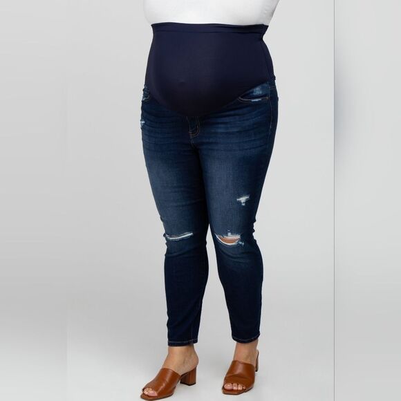 Pinkblush Womens Navy Blue Distressed Maternity Plus Size Jeans 1X - Picture 1 of 12
